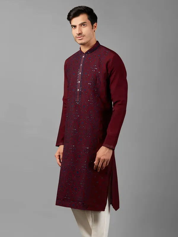 Silk embroidery maroon  Men Kurta pajama