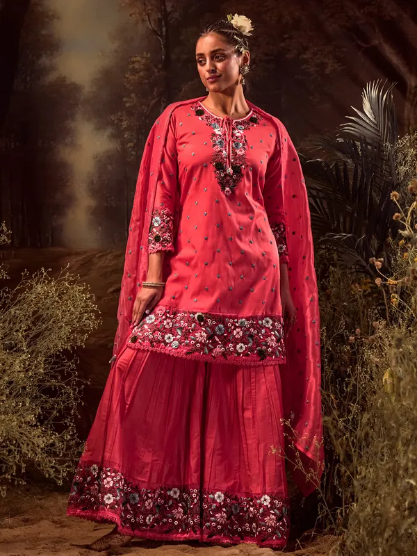 Silk embroidery pink sharara set