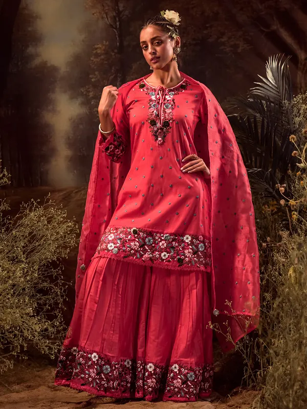 Silk embroidery pink sharara set