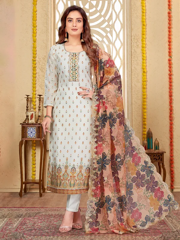Silk embroidery salwar suit in off white