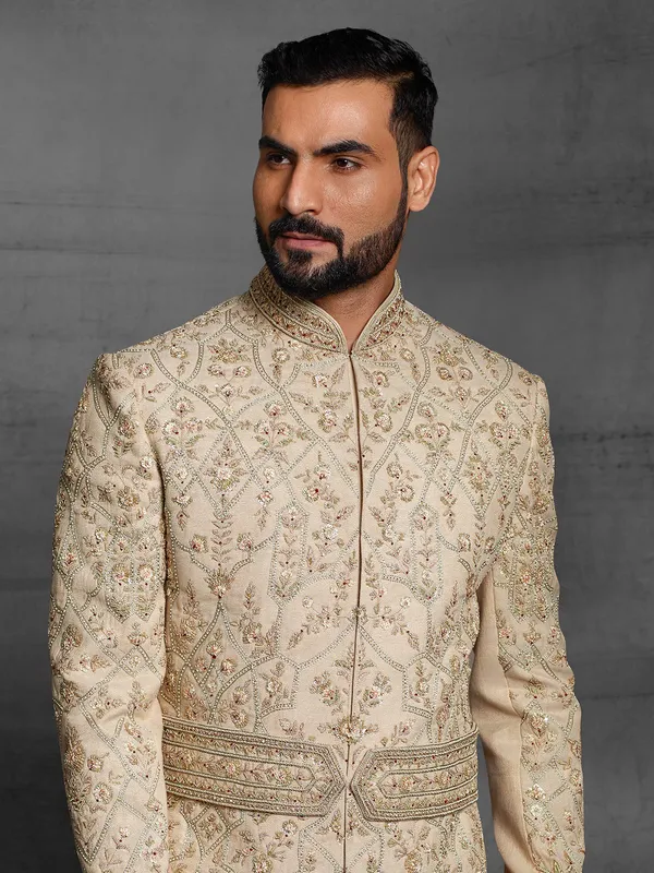Silk fabric beige wedding sherwani for mens