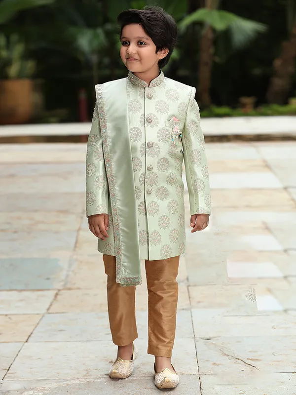 Silk fabric indowestern for wedding in pista green