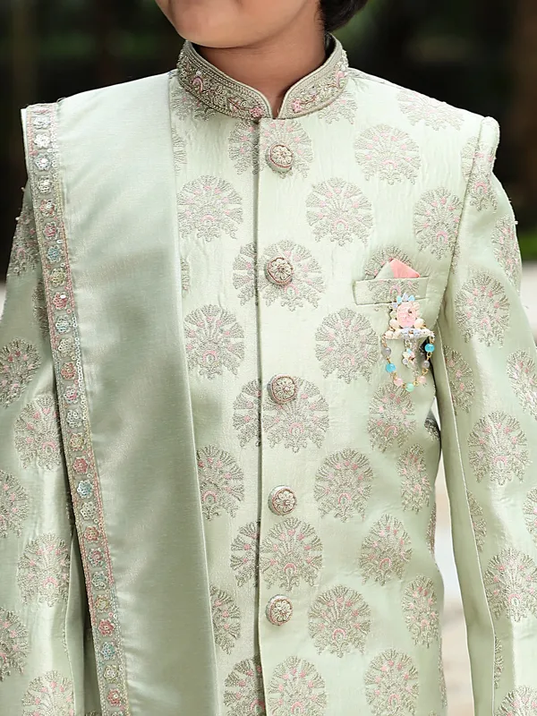 Silk fabric indowestern for wedding in pista green