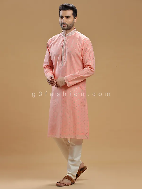 Silk festive kurta suit in peach for men