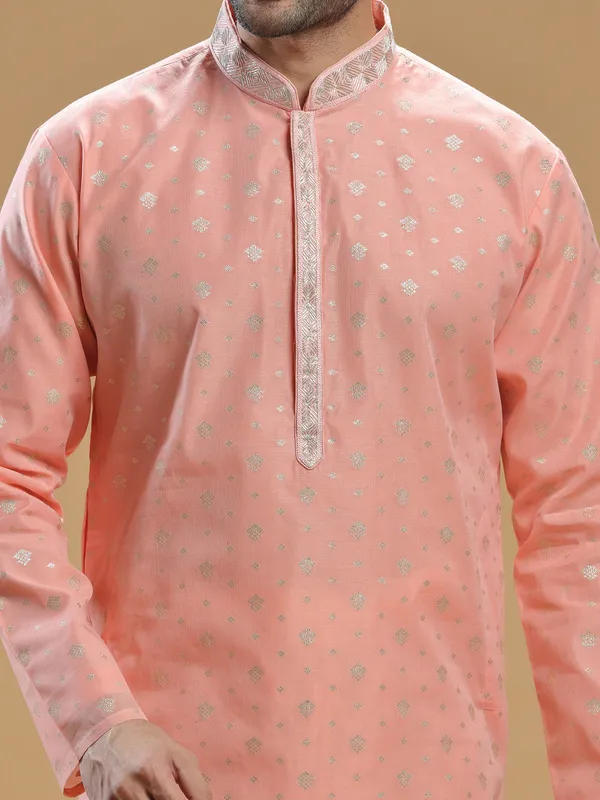 Silk festive kurta suit in peach for men