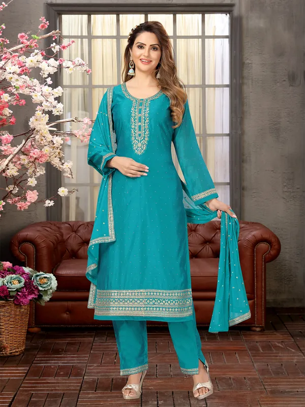 Silk festive salwar suit in teal blue