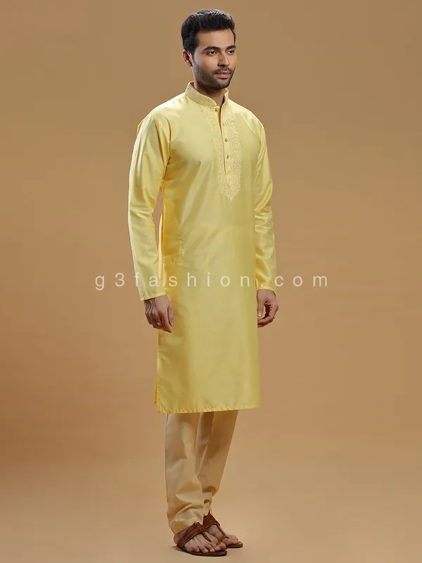 Silk festive wear light yellow kurta suit