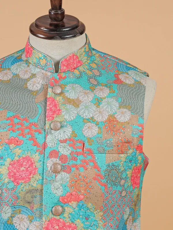 Silk floral printed aqua waistcoat