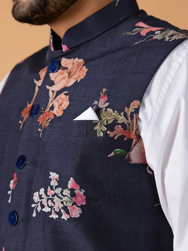 Silk floral printed navy waistcoat