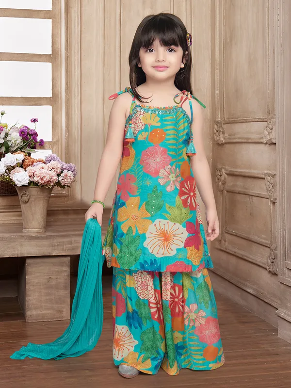 Silk floral printed rama blue sharara suit