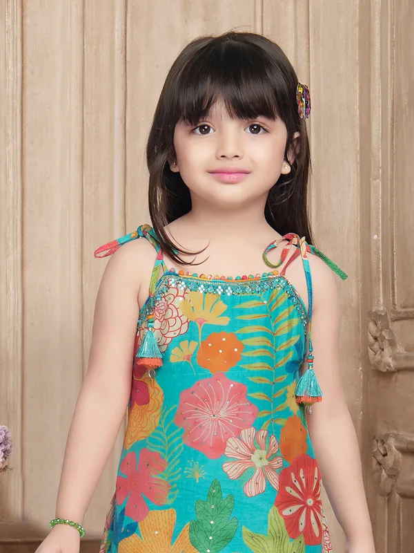 Silk floral printed rama blue sharara suit