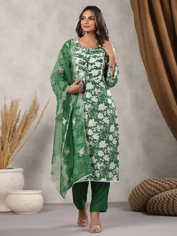 Silk green printed kurti set with dupatta