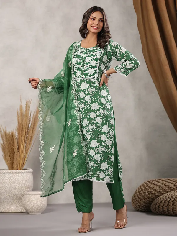 Silk green printed kurti set with dupatta