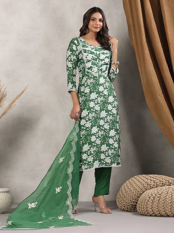 Silk green printed kurti set with dupatta