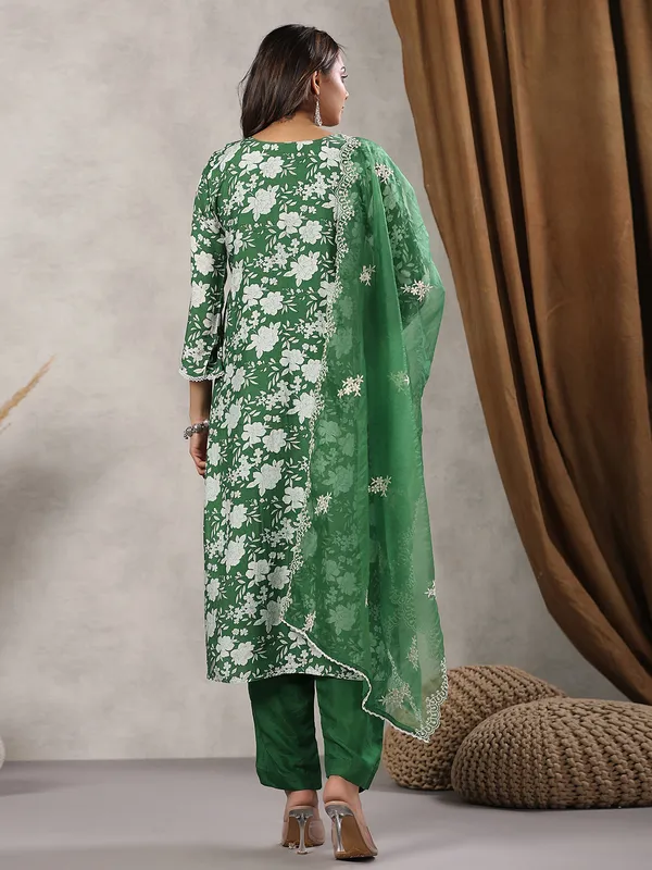 Silk green printed kurti set with dupatta