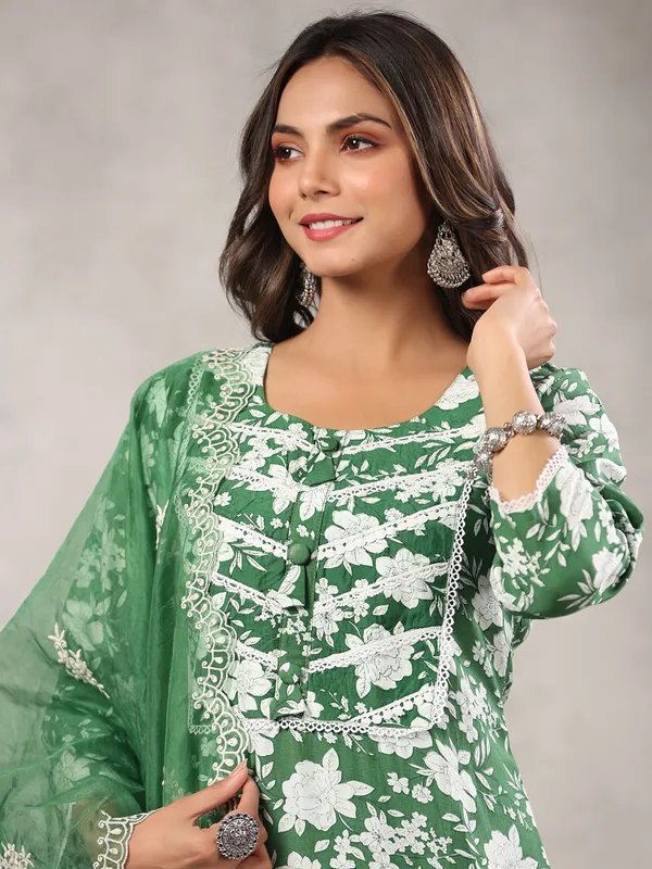 Silk green printed kurti set with dupatta