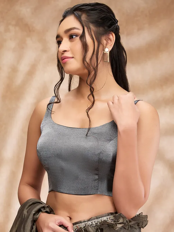 Silk grey plain ready made blouse