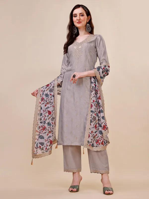 Silk grey salwar uit with printed dupatta