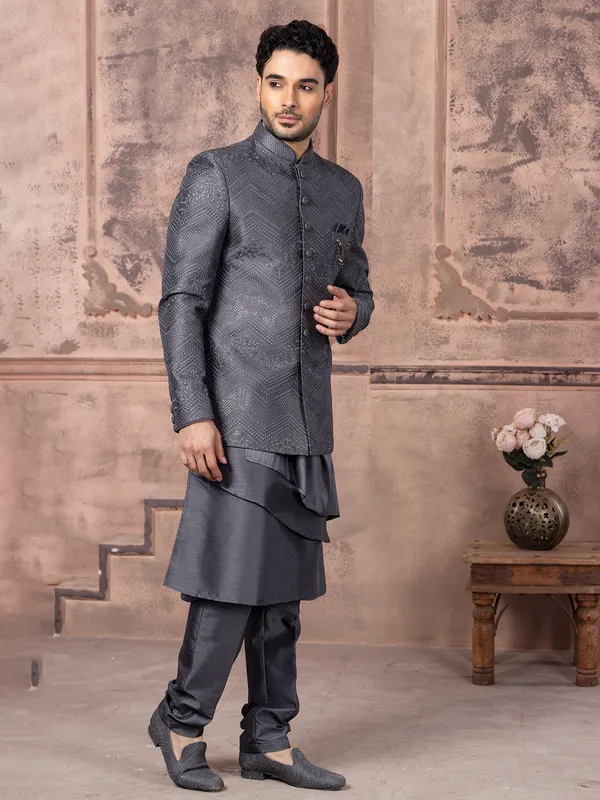 Silk grey wedding indowestern