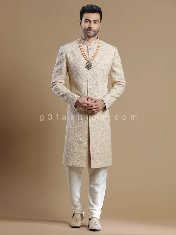 Silk groom and wedding wear sherwani in peach