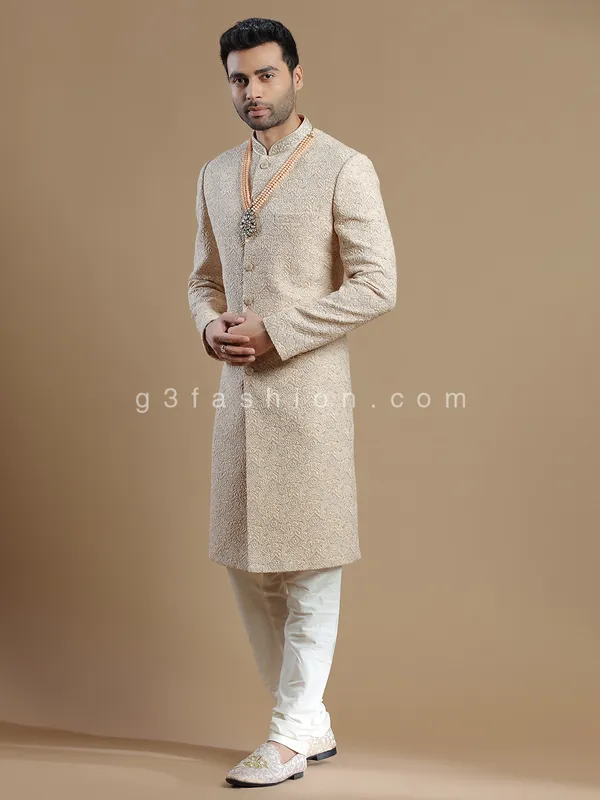 Silk groom and wedding wear sherwani in peach