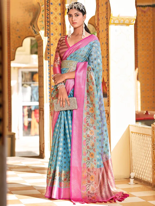 Silk light blue saree with zari weaving