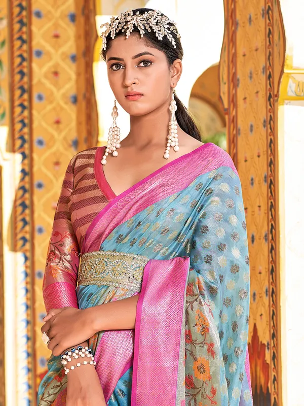 Silk light blue saree with zari weaving