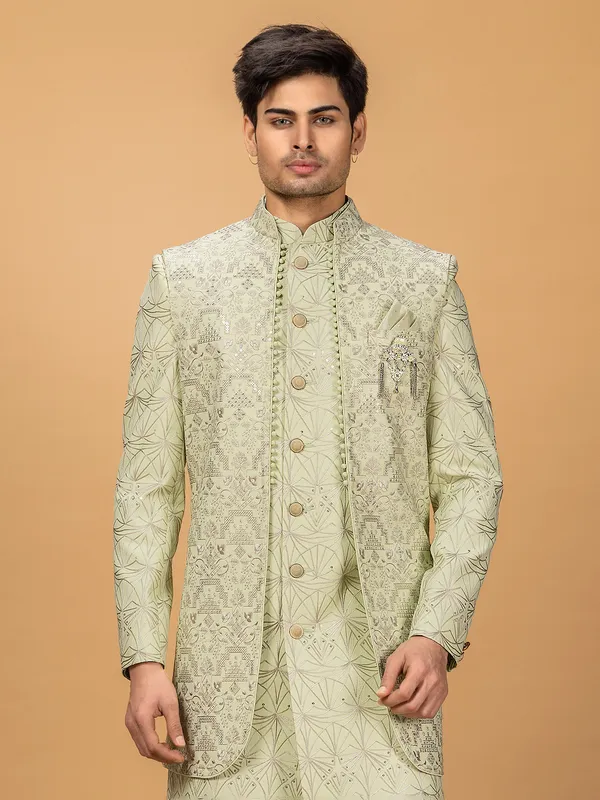 Silk light green indowestern for wedding