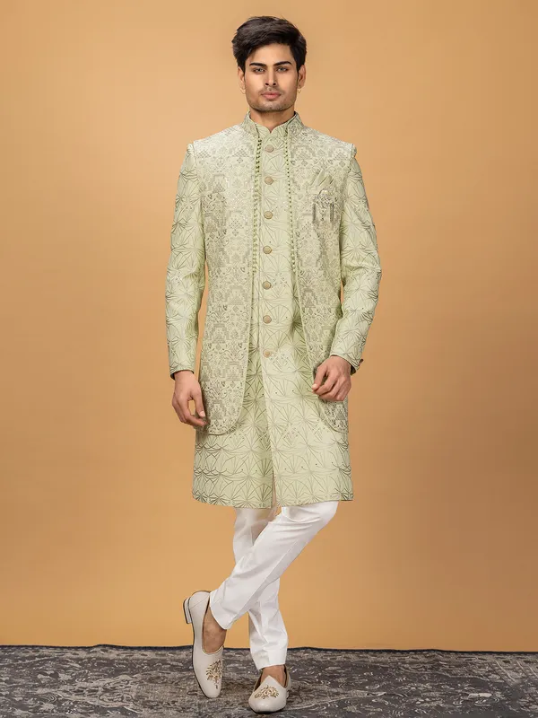 Silk light green indowestern for wedding