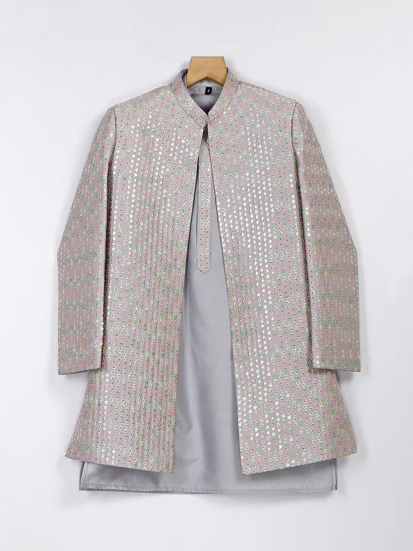 Silk light grey wedding wear boys indo western