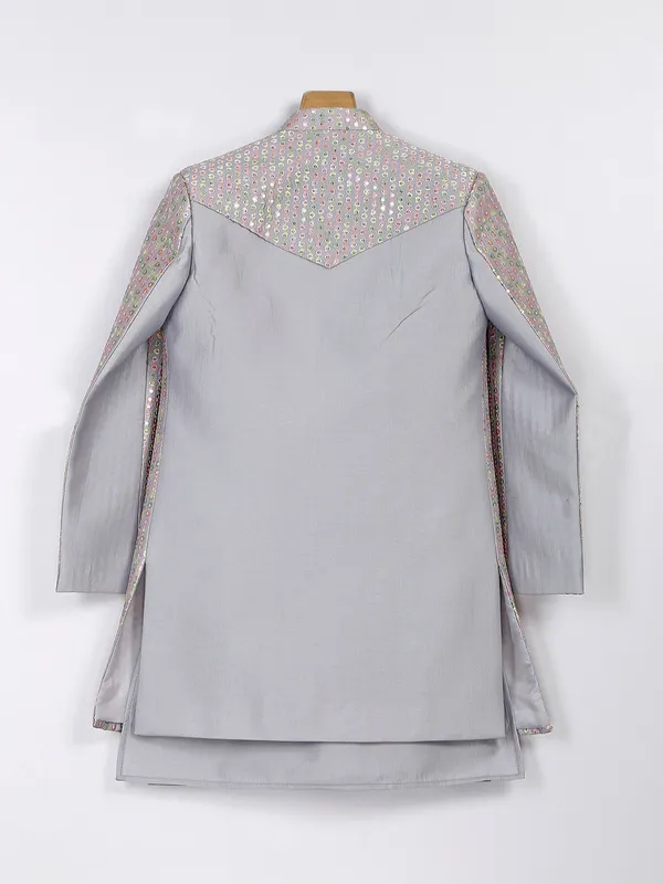 Silk light grey wedding wear boys indo western