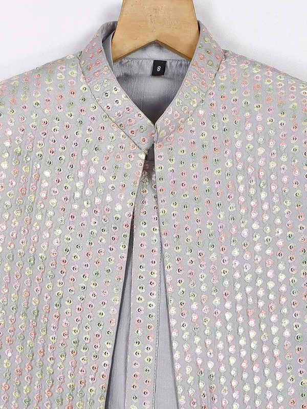 Silk light grey wedding wear boys indo western