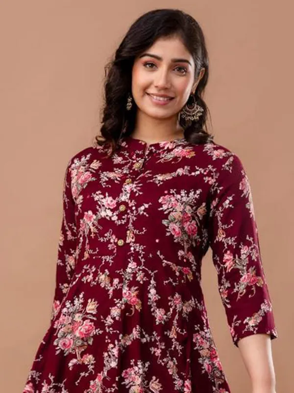 Silk maroon printed kurti for women