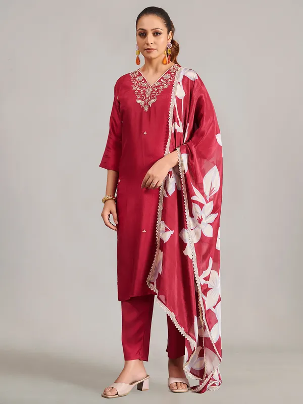Silk maroon salwar suit with printed dupatta
