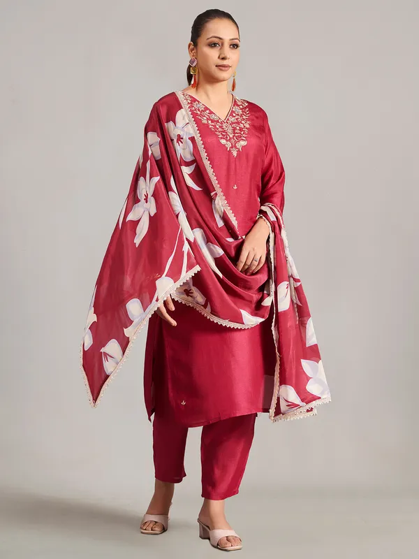Silk maroon salwar suit with printed dupatta