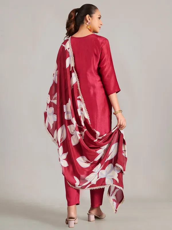 Silk maroon salwar suit with printed dupatta