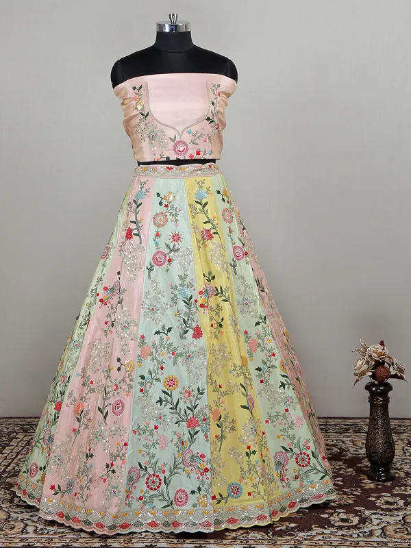 Silk multi color unstitched lehenga choli for bridal wear
