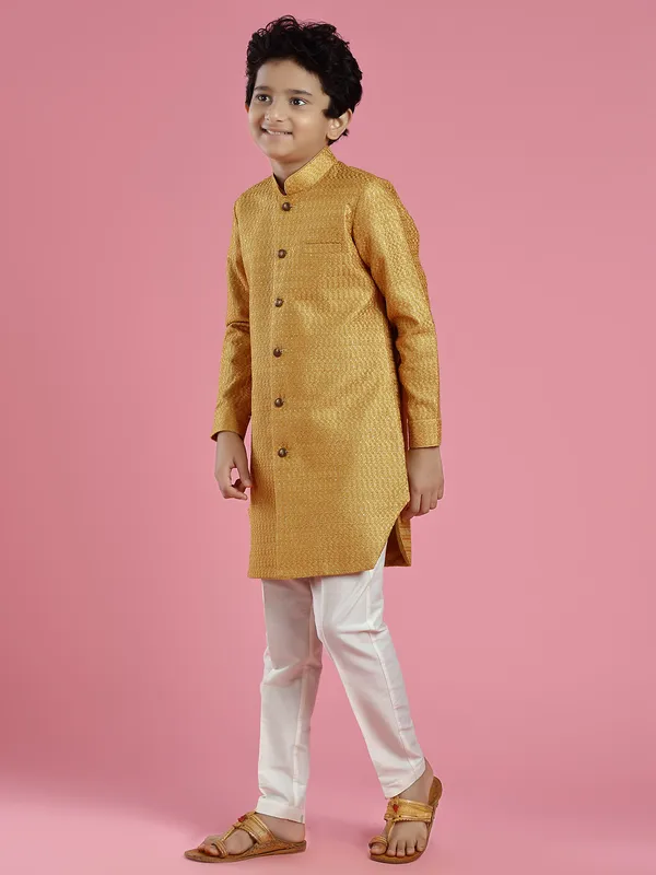 Silk mustard yellow indowestern for wedding