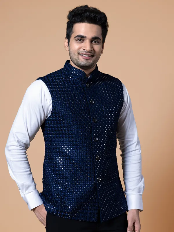 Silk navy men wedding look waistcoat