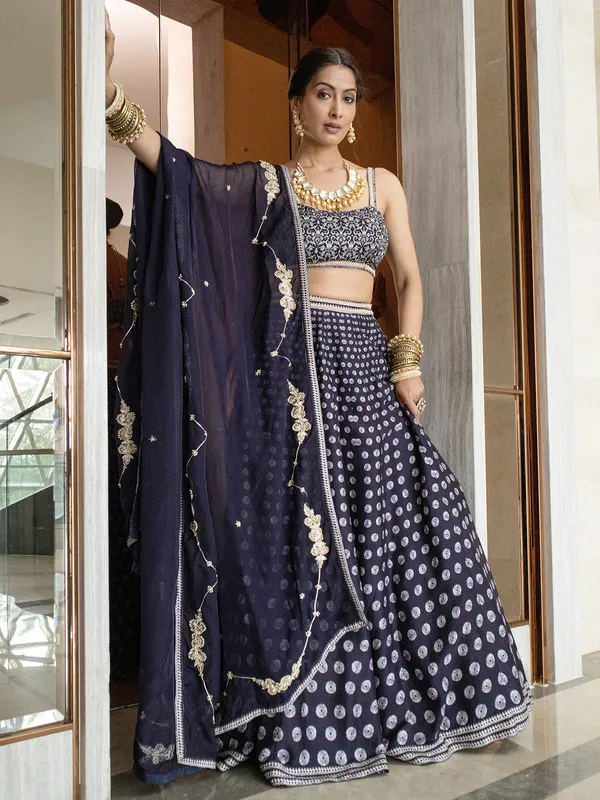 Silk navy printed lehenga choli