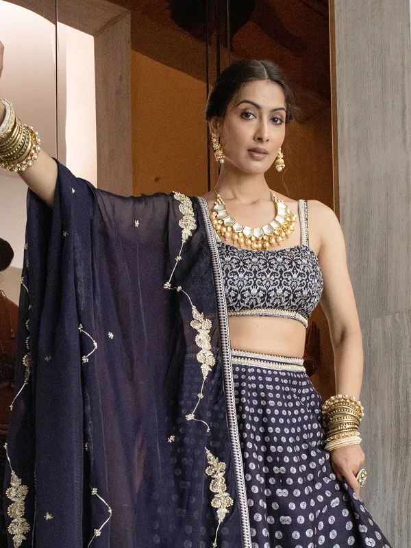 Silk navy printed lehenga choli