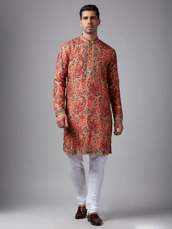 Silk orange floral printed  Men Kurta pajama