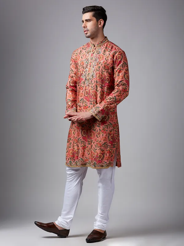 Silk orange floral printed  Men Kurta pajama