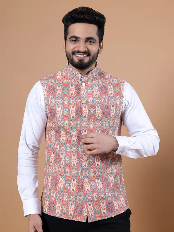 Silk orange printed waistcoat for wedding