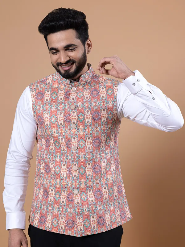 Silk orange printed waistcoat for wedding