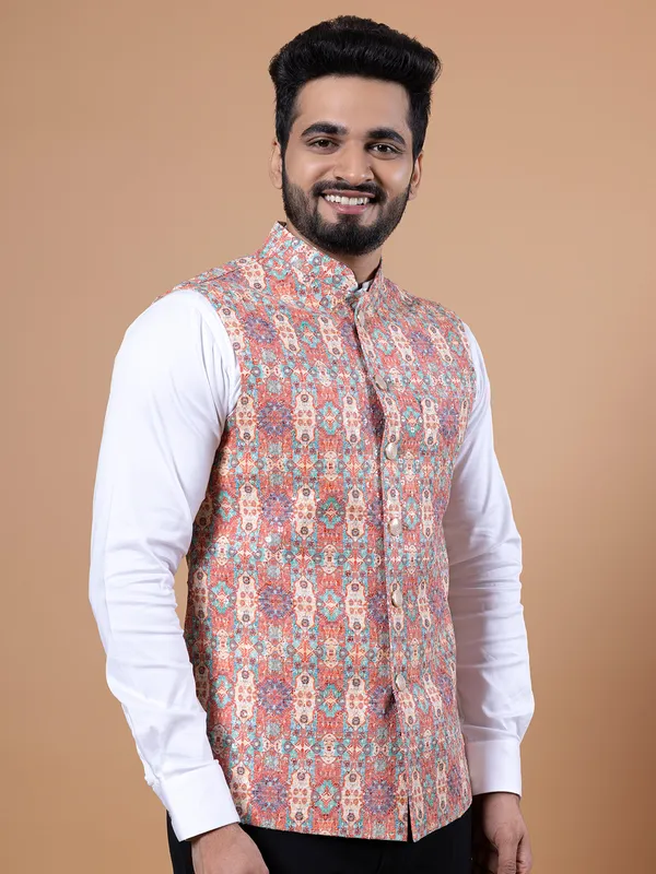 Silk orange printed waistcoat for wedding