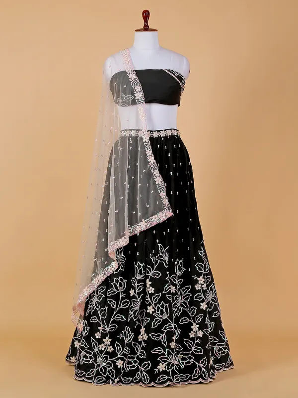 Silk party wear unstitched lehenga choli in black