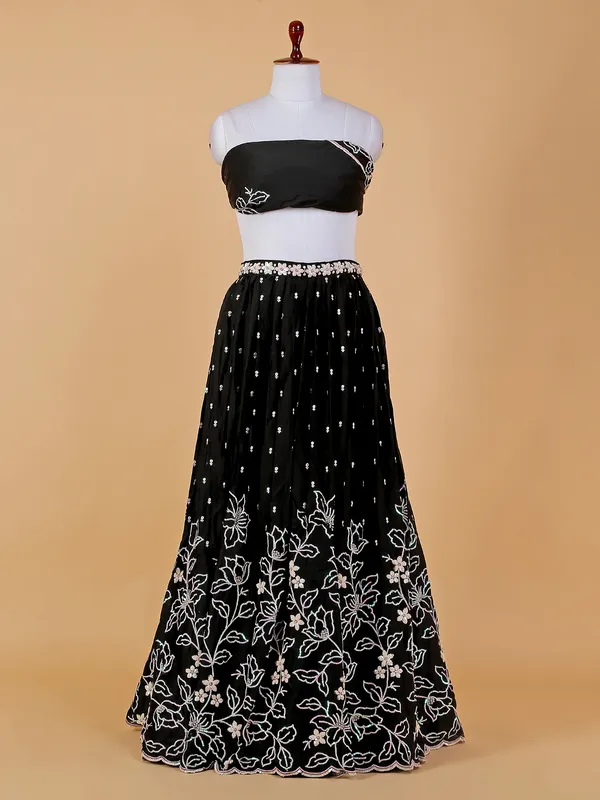 Silk party wear unstitched lehenga choli in black
