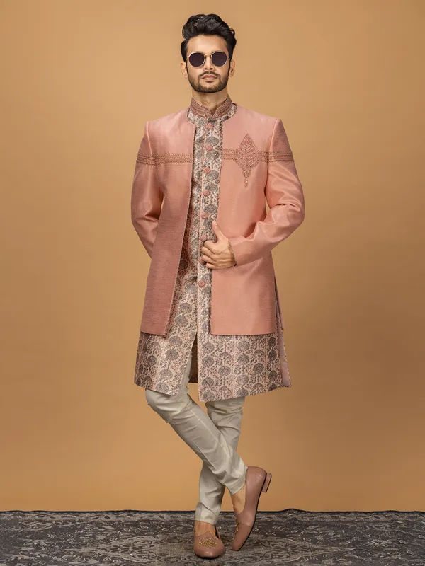 Silk peach printed indowestern for wedding