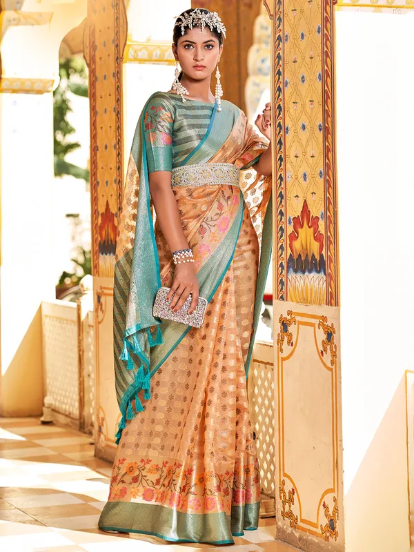 Silk peach saree with zari weaving